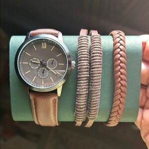 Brown Leather Watch and Bracelet Set